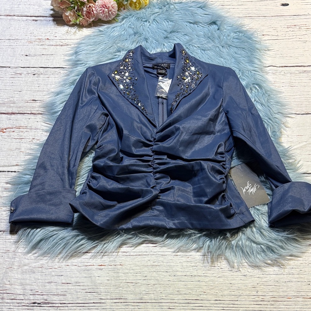 NWT Xscape Slate Blue Satin Embellished Ruched Blouse sz 6